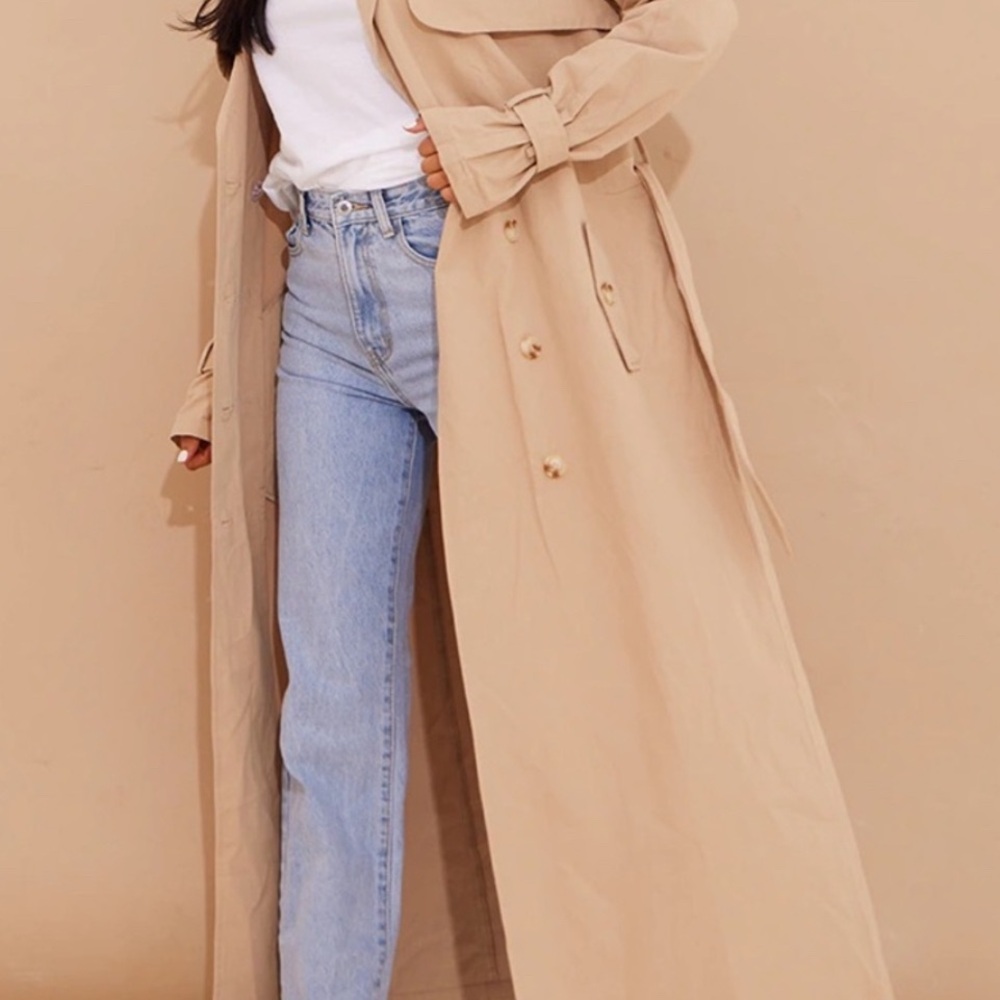 NWT -‎ Pretty Little Thing  Panel Detail Belted Trench Coat Stone Color